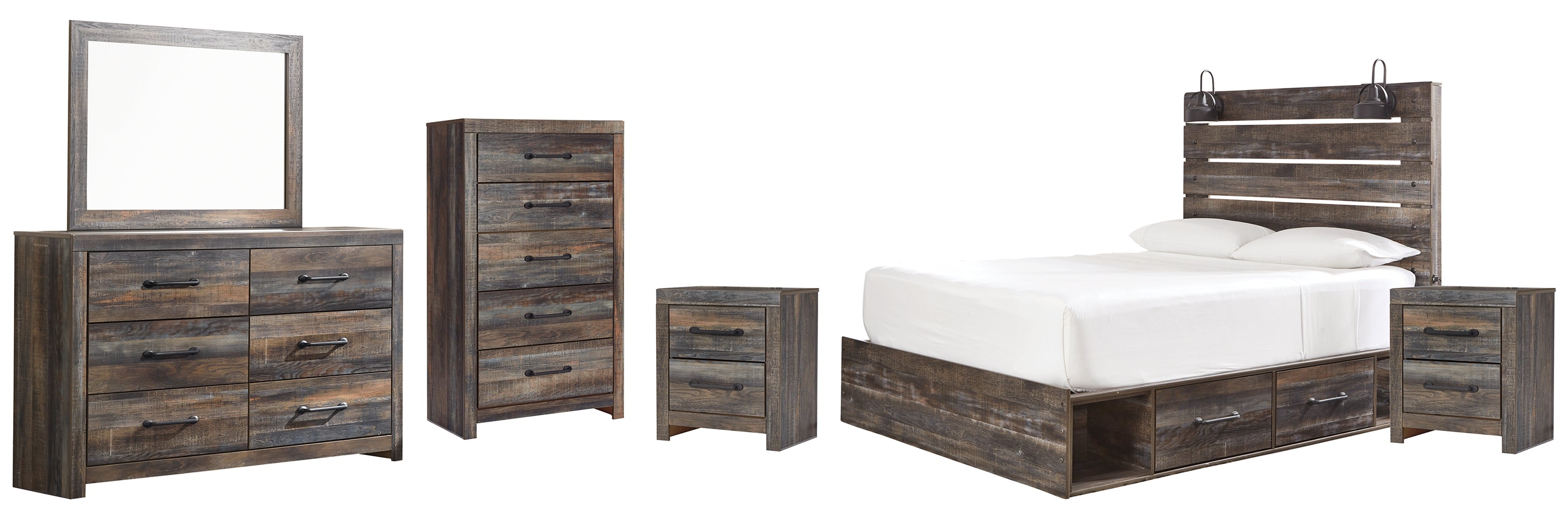 Drystan King Panel Bed with 4 Storage Drawers with Mirrored Dresser and Chest