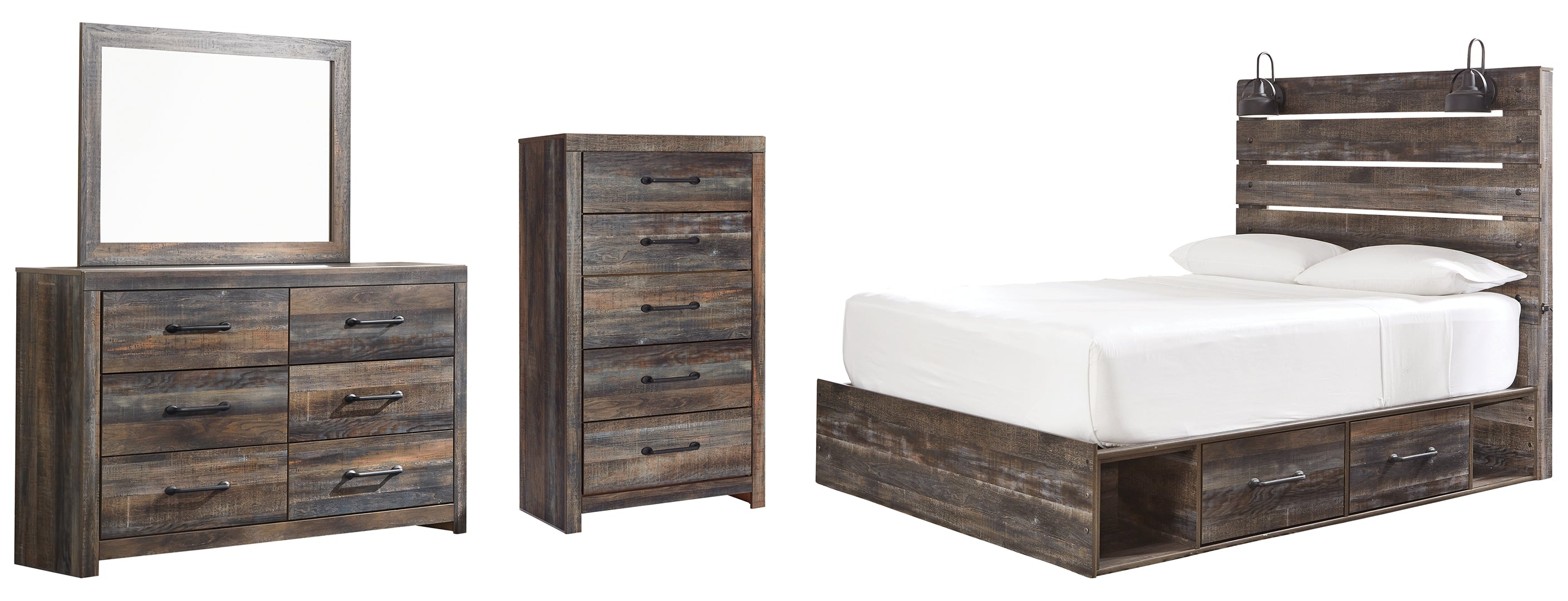 Drystan Queen Panel Bed with 2 Storage Drawers with Mirrored Dresser and Nightstand