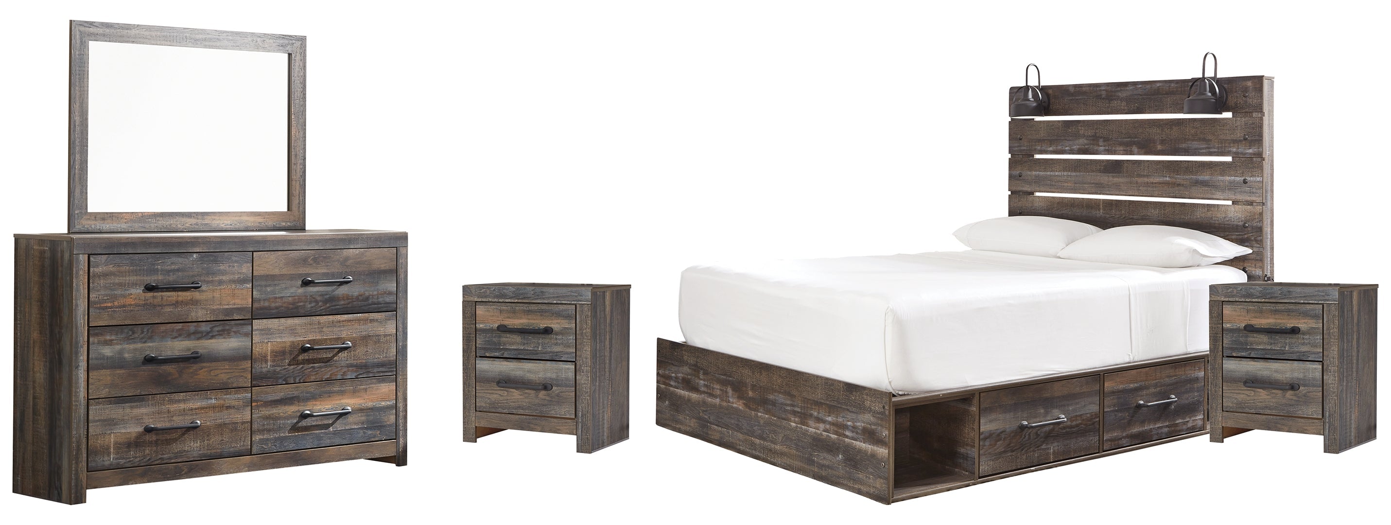 Drystan Queen Panel Bed with 2 Storage Drawers with Mirrored Dresser and Nightstand