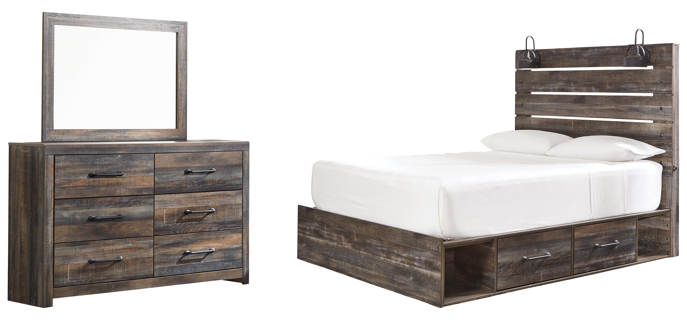 Drystan Queen Panel Bed with 2 Storage Drawers with Mirrored Dresser and Nightstand
