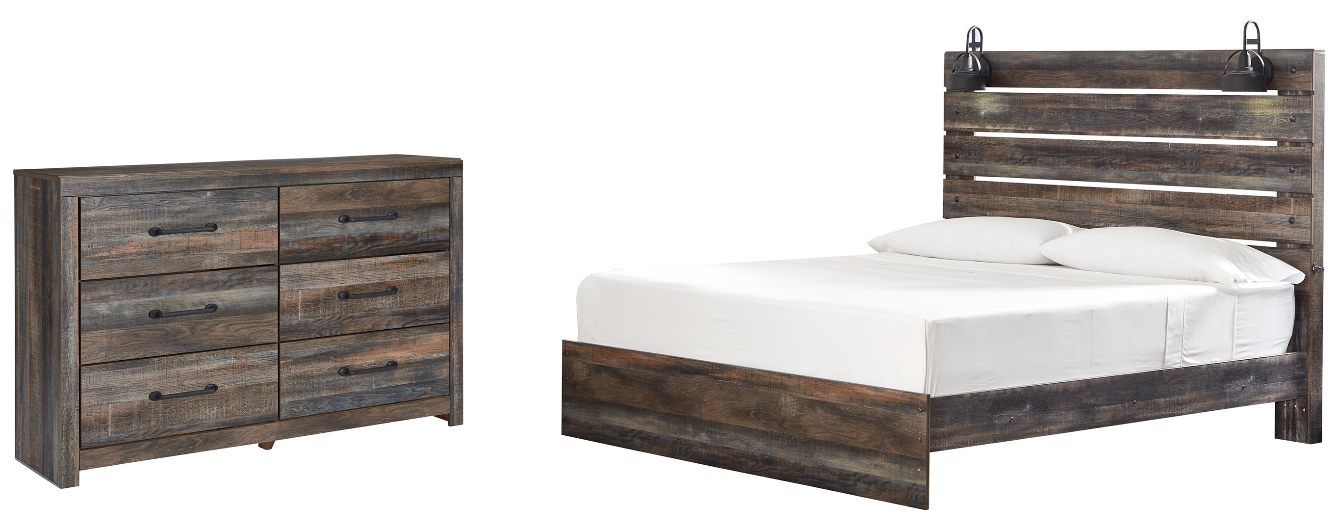 Drystan King Panel Bed with 4 Storage Drawers with Mirrored Dresser and Chest