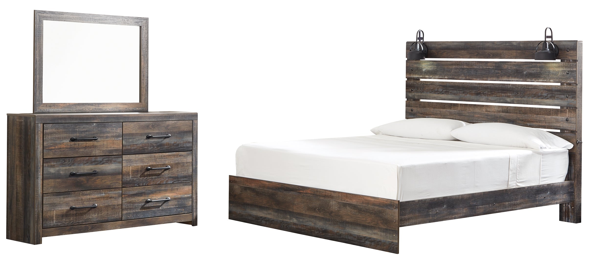 Drystan King Panel Bed with 4 Storage Drawers with Mirrored Dresser and Chest