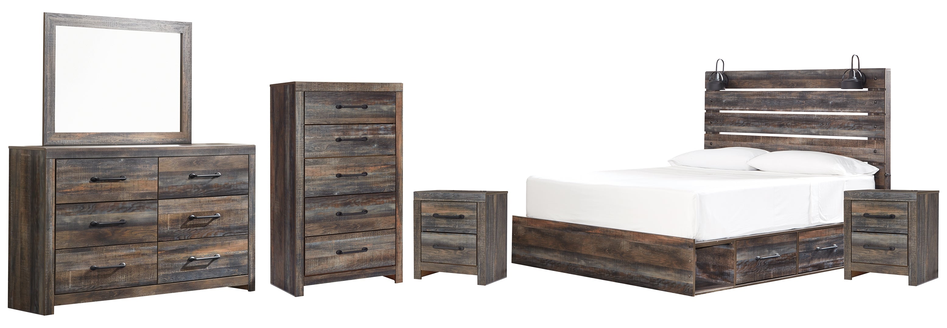 Drystan King Bookcase Bed with 4 Storage Drawers with Mirrored Dresser and 2 Nightstands