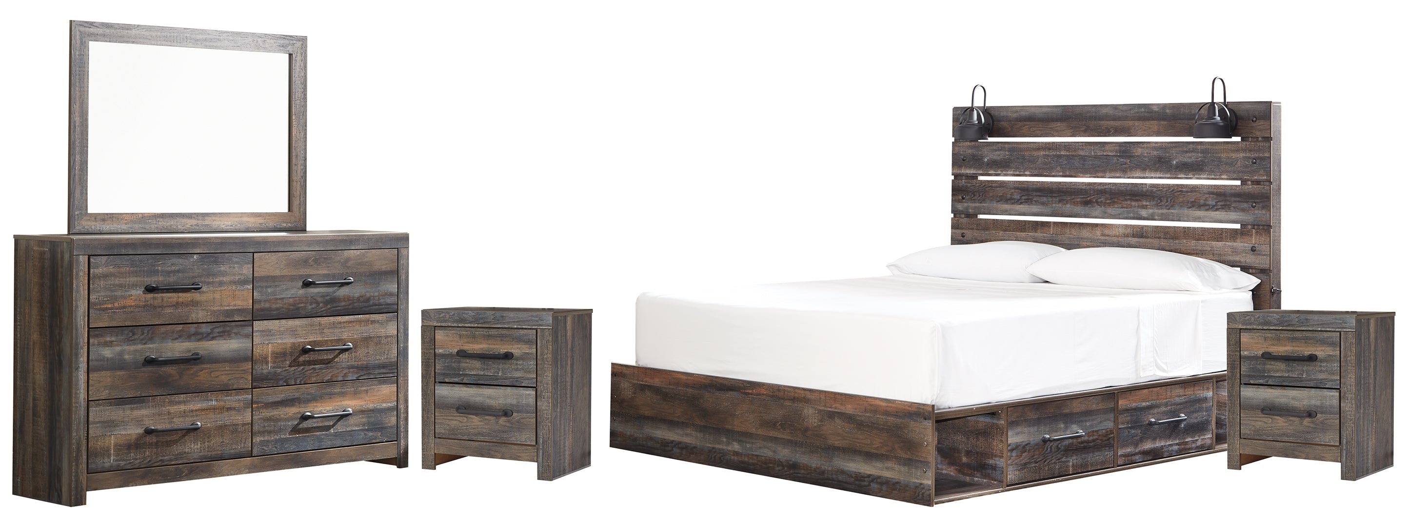 Drystan King Bookcase Bed with 4 Storage Drawers with Mirrored Dresser and 2 Nightstands
