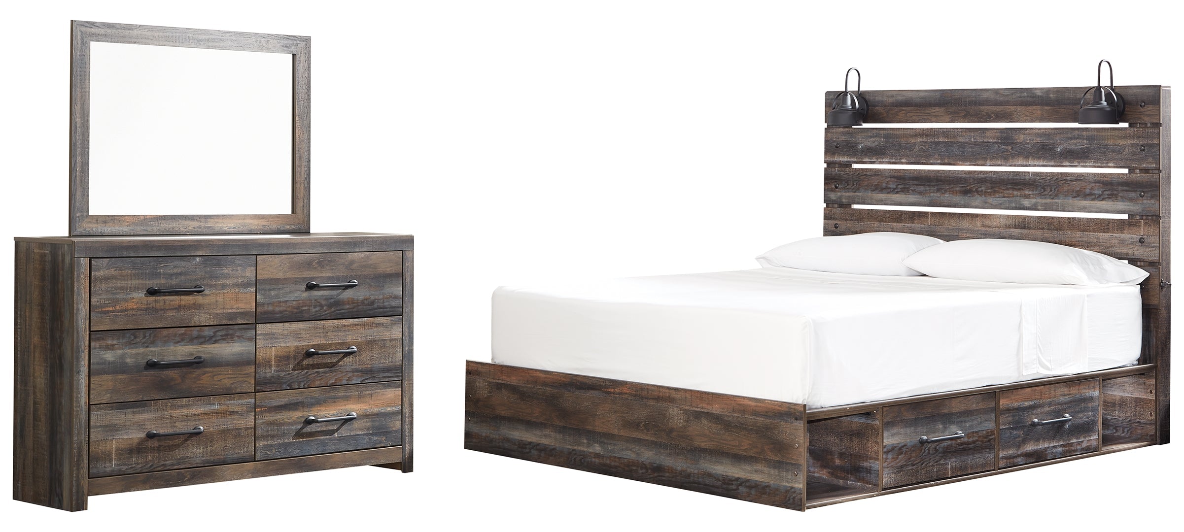 Drystan King Bookcase Bed with 4 Storage Drawers with Mirrored Dresser and 2 Nightstands