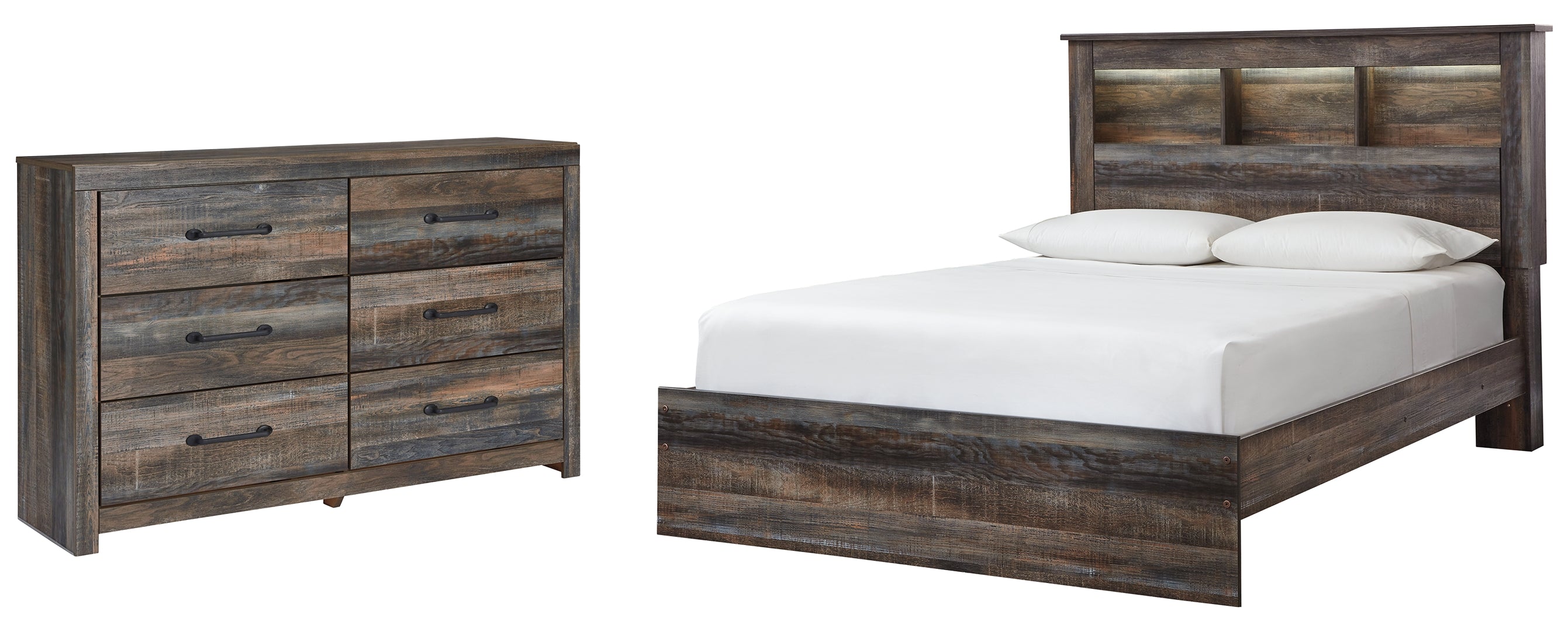 Drystan Queen Bookcase Bed with 4 Storage Drawers with Mirrored Dresser and Chest