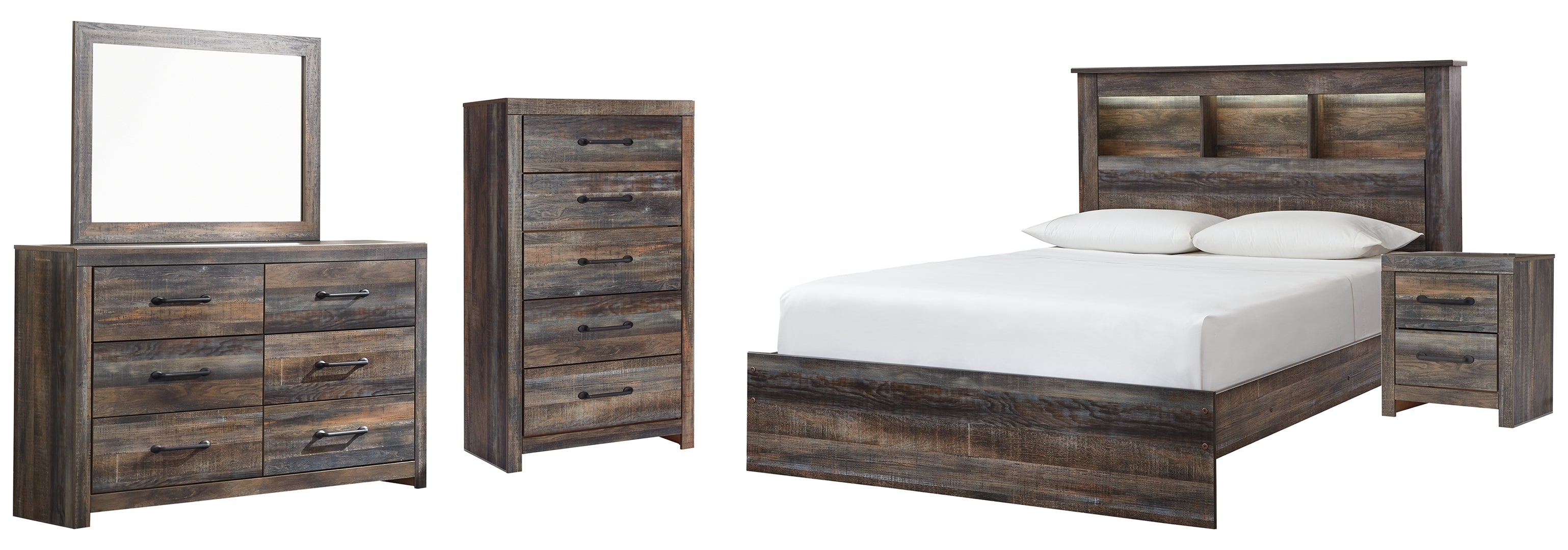 Drystan Queen Bookcase Bed with 4 Storage Drawers with Mirrored Dresser and Chest