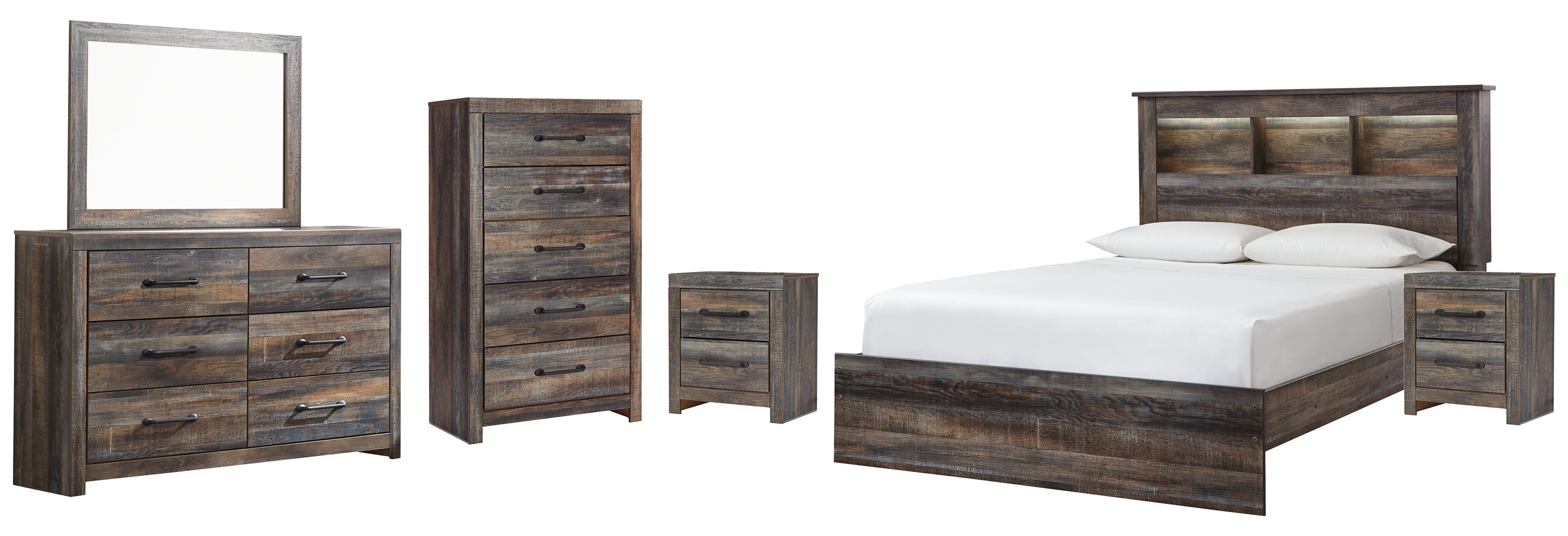 Drystan Queen Bookcase Bed with 4 Storage Drawers with Mirrored Dresser and Chest