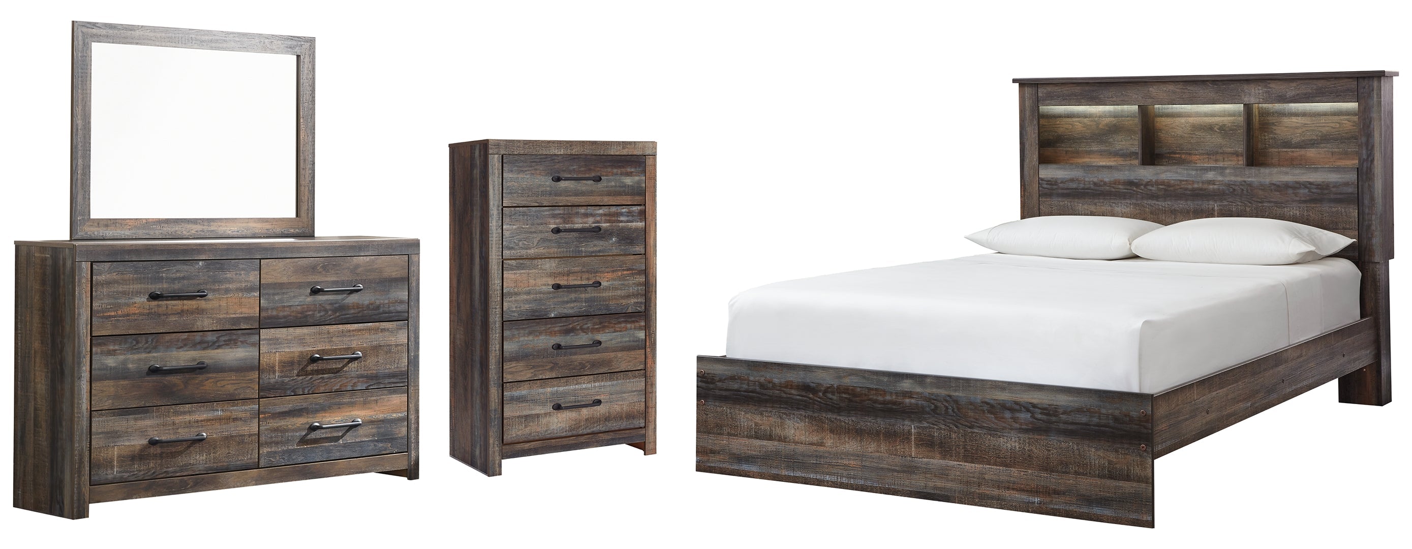 Drystan Queen Bookcase Bed with 4 Storage Drawers with Mirrored Dresser and Chest