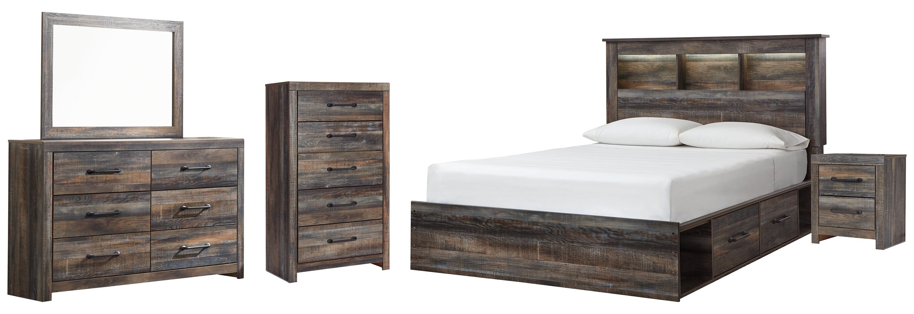 Drystan Queen Bookcase Bed with 4 Storage Drawers with Mirrored Dresser and Chest