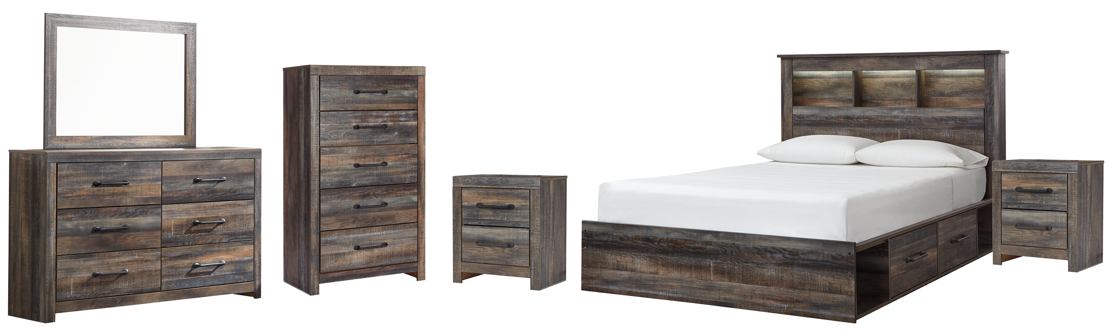 Drystan Queen Bookcase Bed with 4 Storage Drawers with Mirrored Dresser and Chest