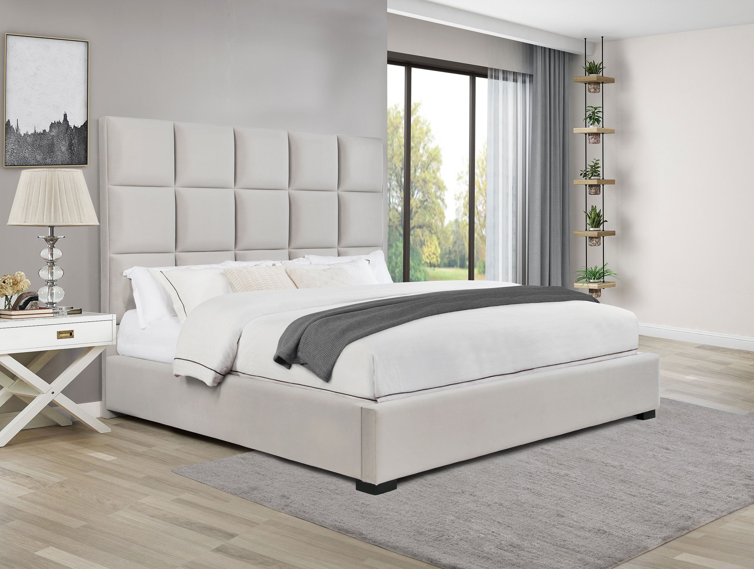Panes Upholstered  Panel Bed Beige
