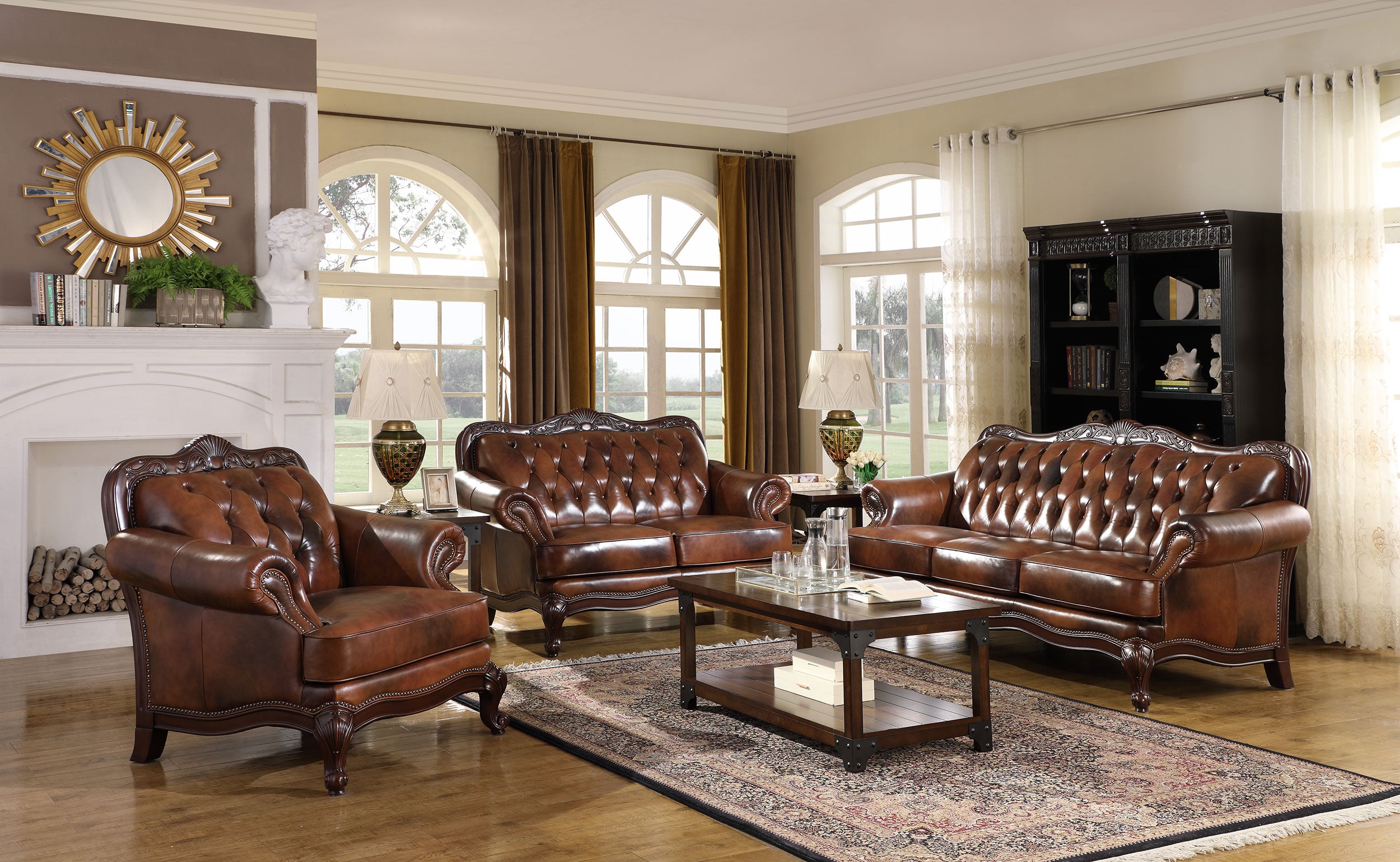 Victoria  Leather Upholstered Rolled Arm Chair Brown