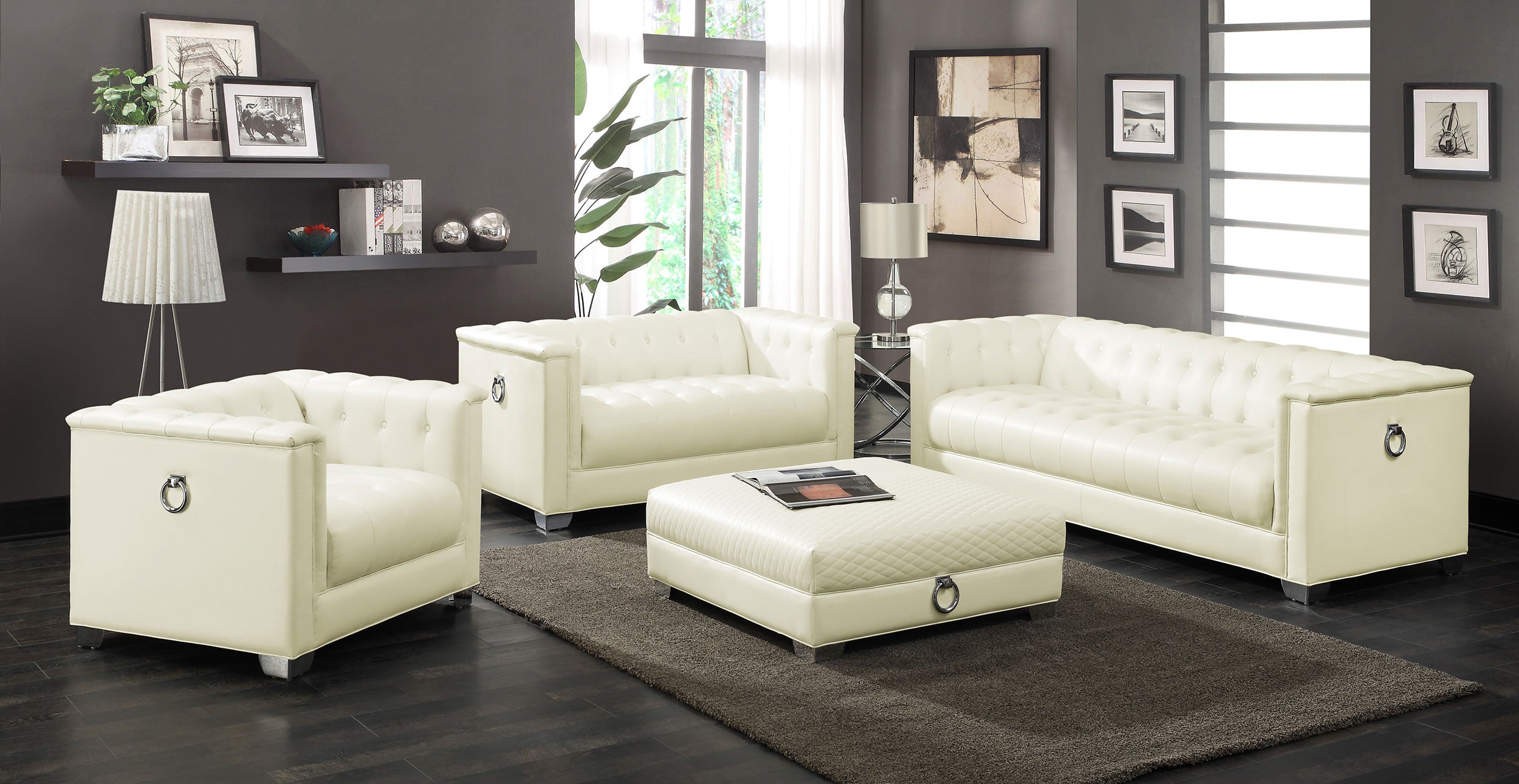 Chaviano  Upholstered Track Arm Sofa Set Pearl White