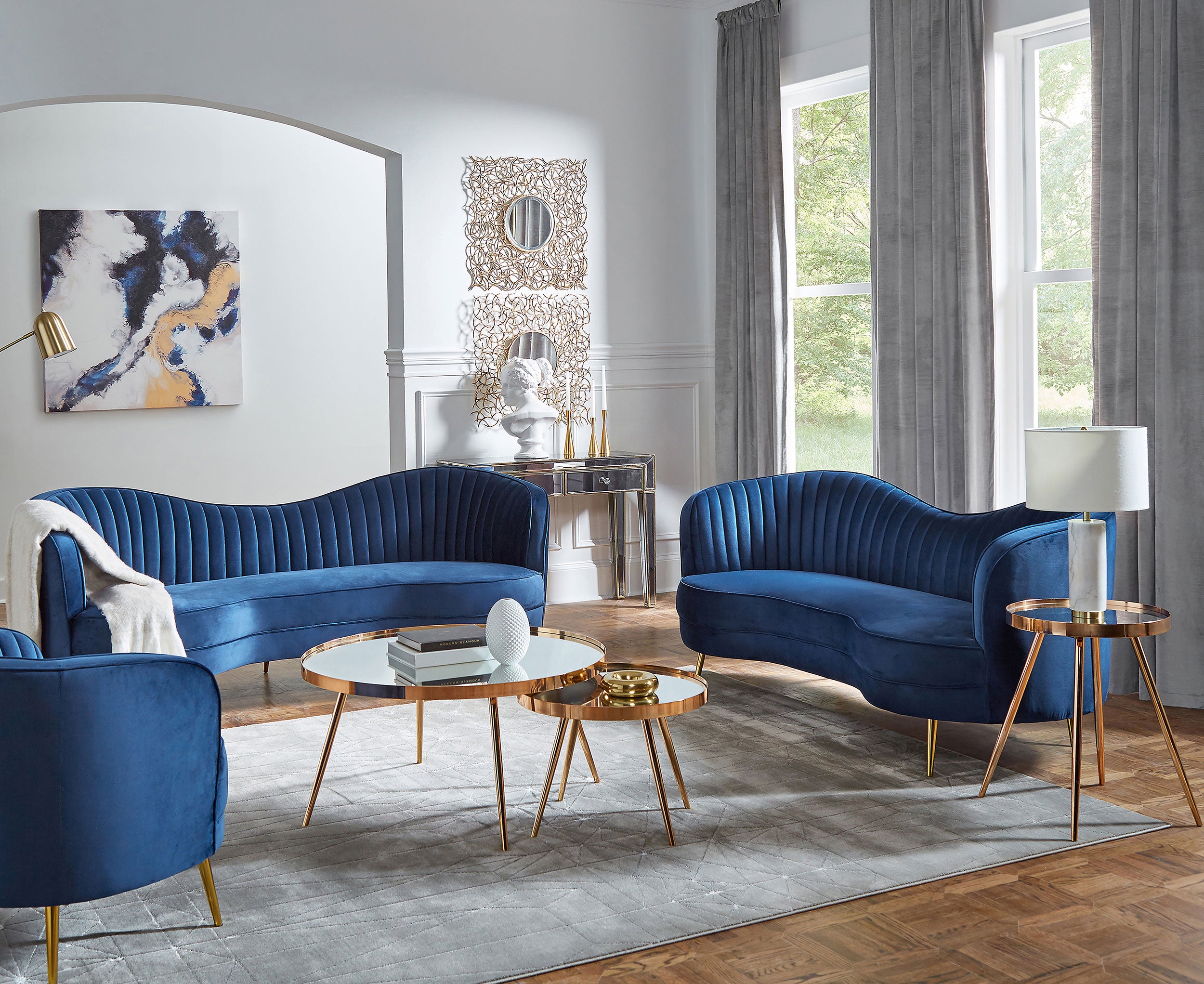 Sophia  Upholstered Channel Tufted Sofa Set Blue