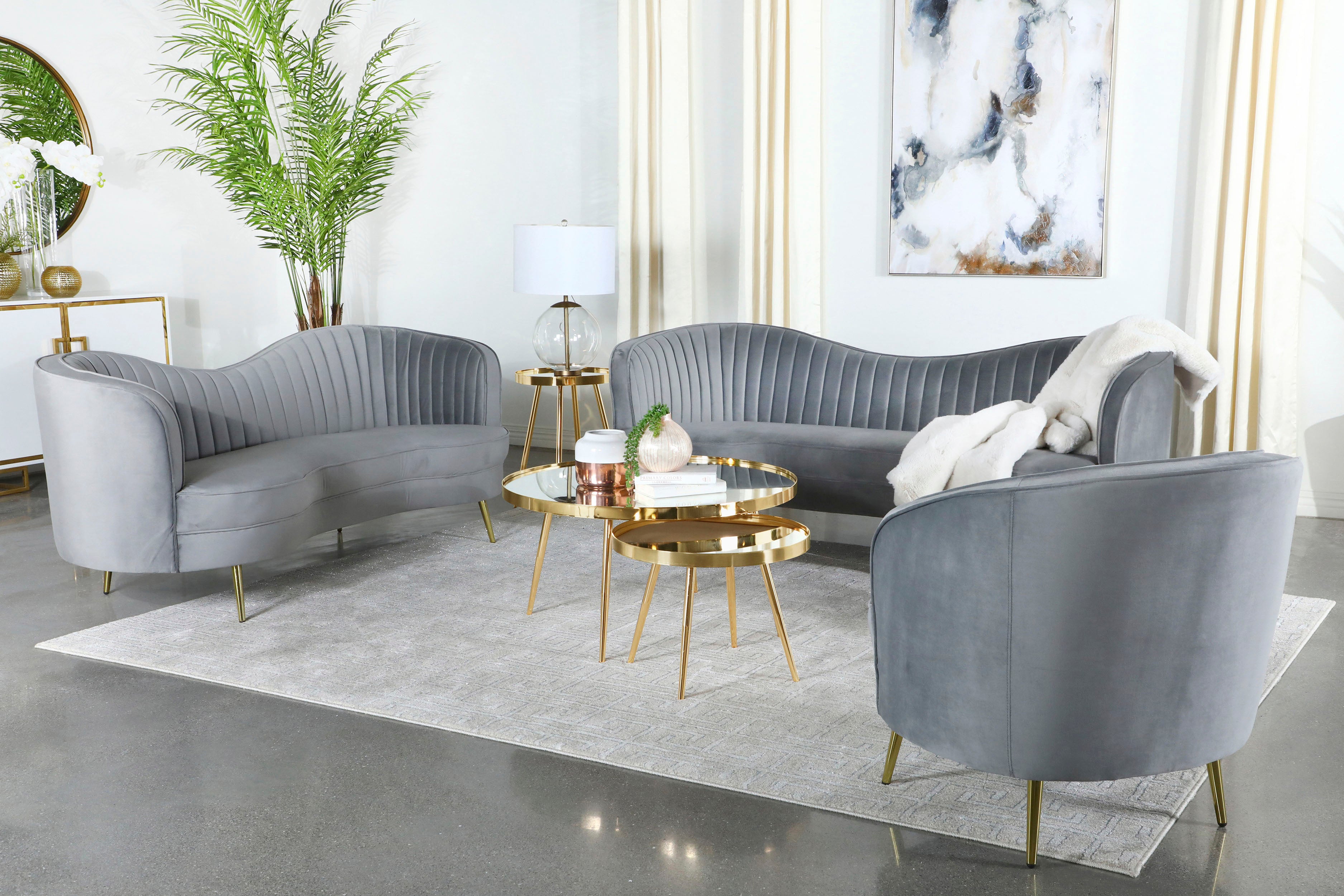 Sophia  Upholstered Channel Tufted Sofa Set Blue