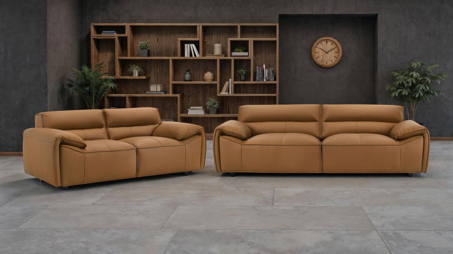 Buxton 2-Piece Leather Sofa and Loveseat (Cognac & Charcoal)