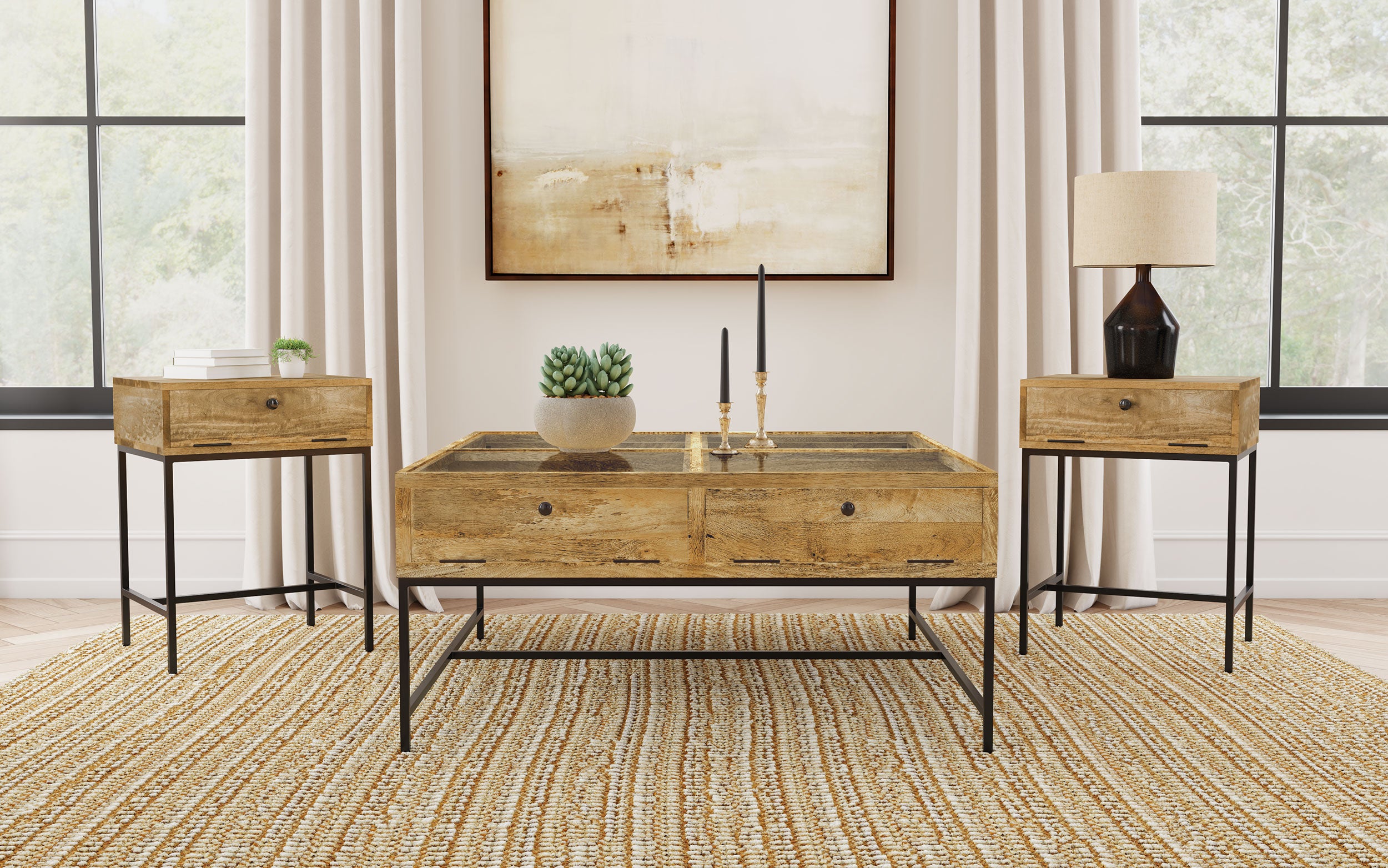 Stephie  Square Coffee and End Table Set Honey Brown