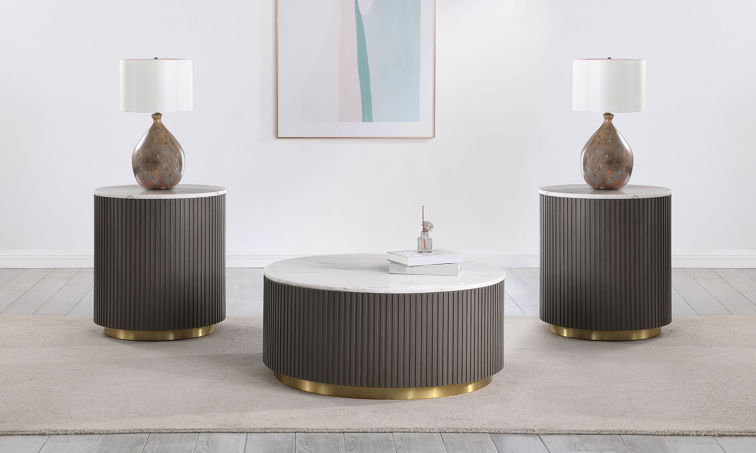 Dearborn Genuine Marble Round Coffee and End Table Set
