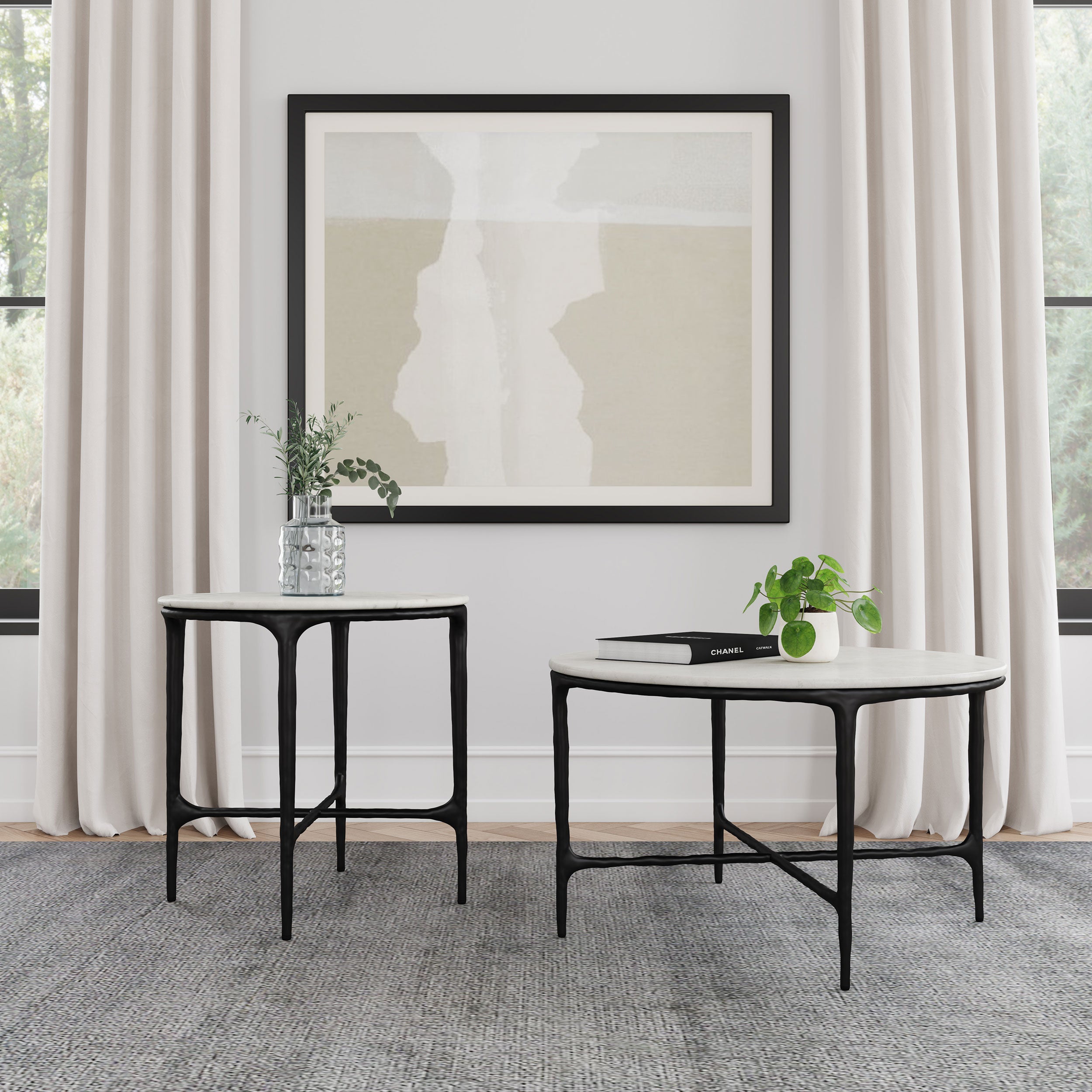 Hermas  Round Marble Coffee and End Table Set White