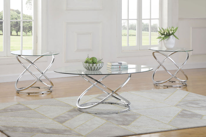 Warren  Oval Glass Top Coffee Table Set Chrome