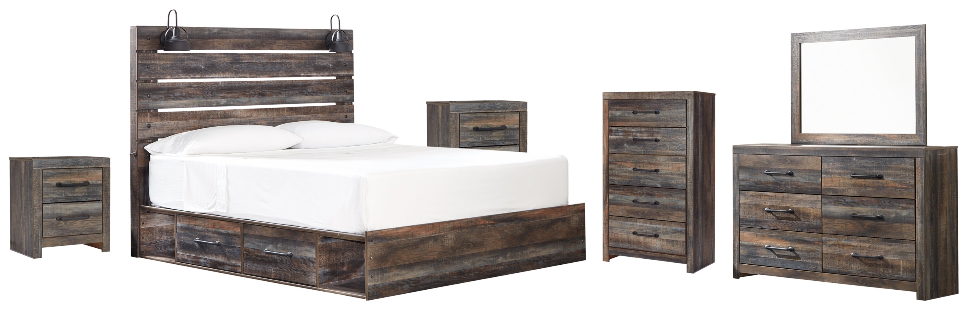 Drystan King Panel Bed with 4 Storage Drawers with Mirrored Dresser and Chest