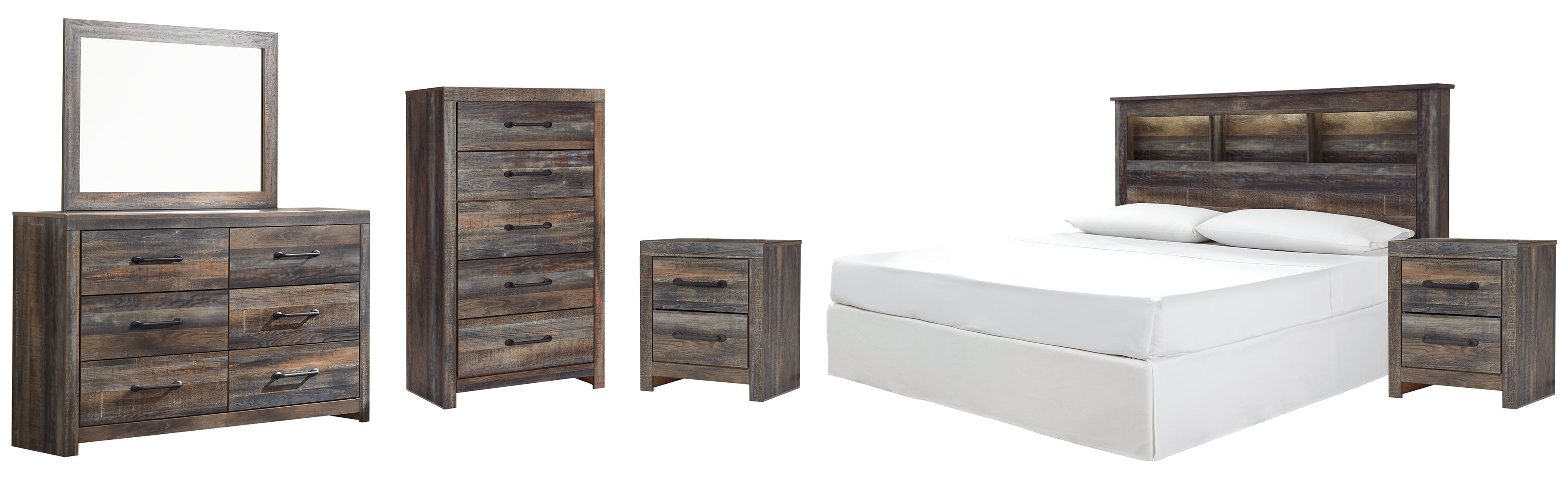Drystan King Panel Bed with Storage with Mirrored Dresser, Chest and Nightstand